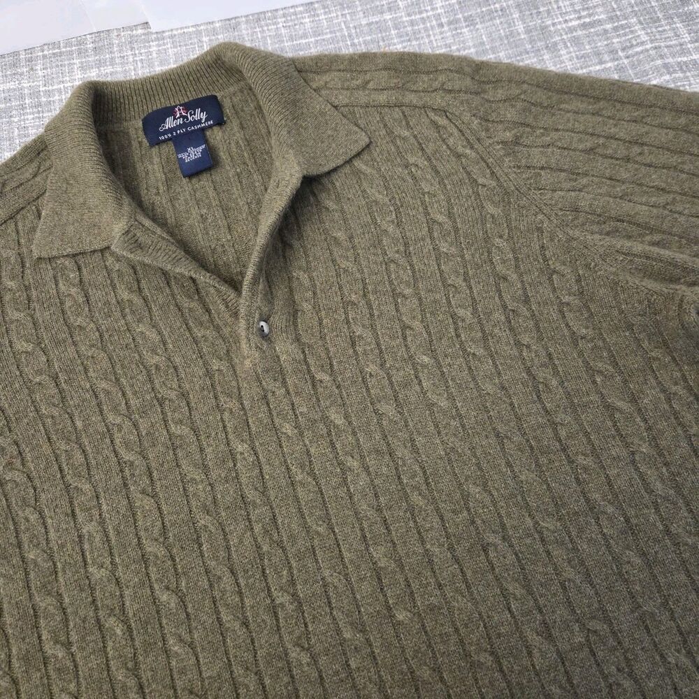 Allen Solly Sweater 100% Cashmere 2-Ply Cable Knit Polo Collar Men's XL Olive